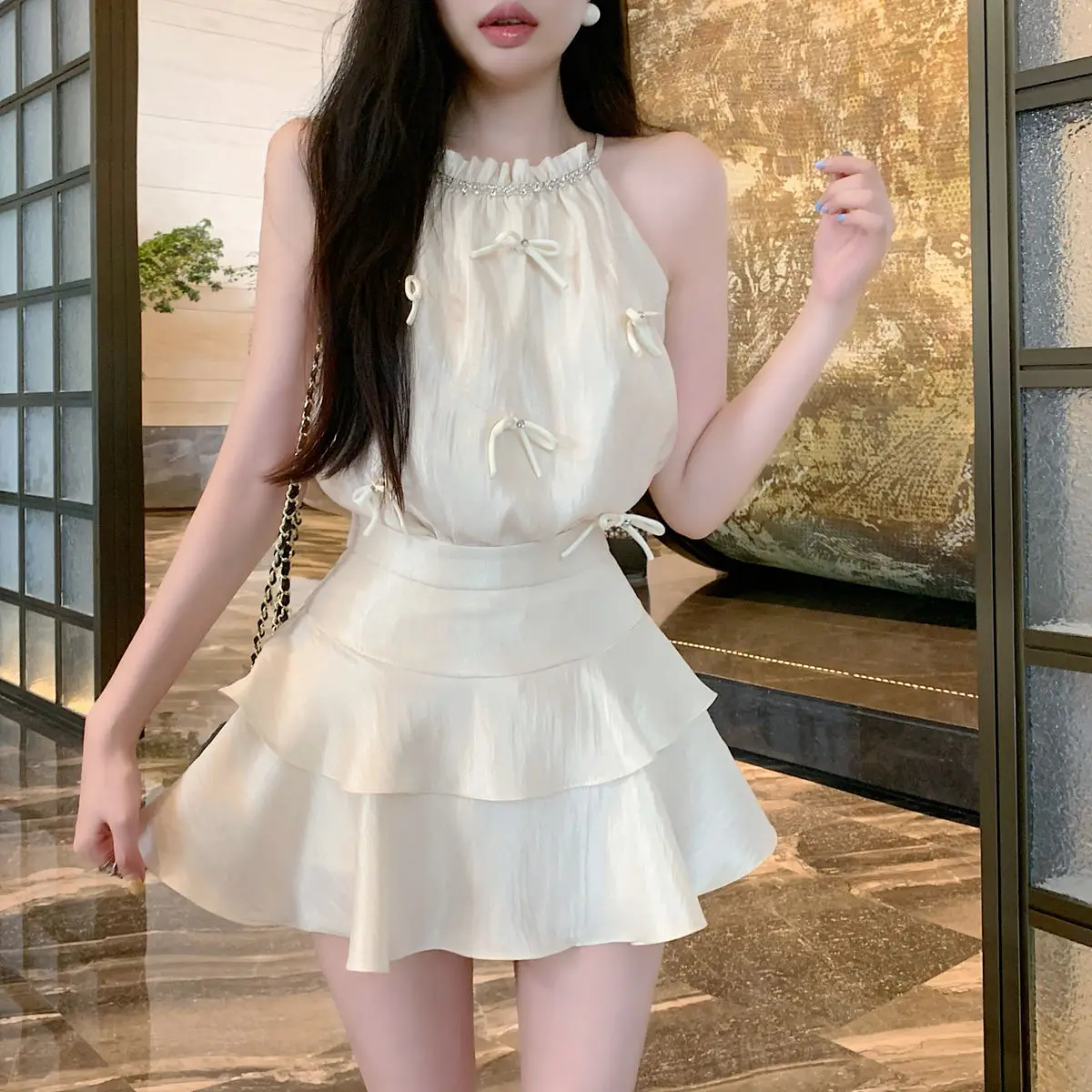 Korea Two Piece Set Women Fashion Elegant Bowknot Camis Rhinestone Halter Satin Crop Tank Tops Ruffles Mini Skirts Summer Suits