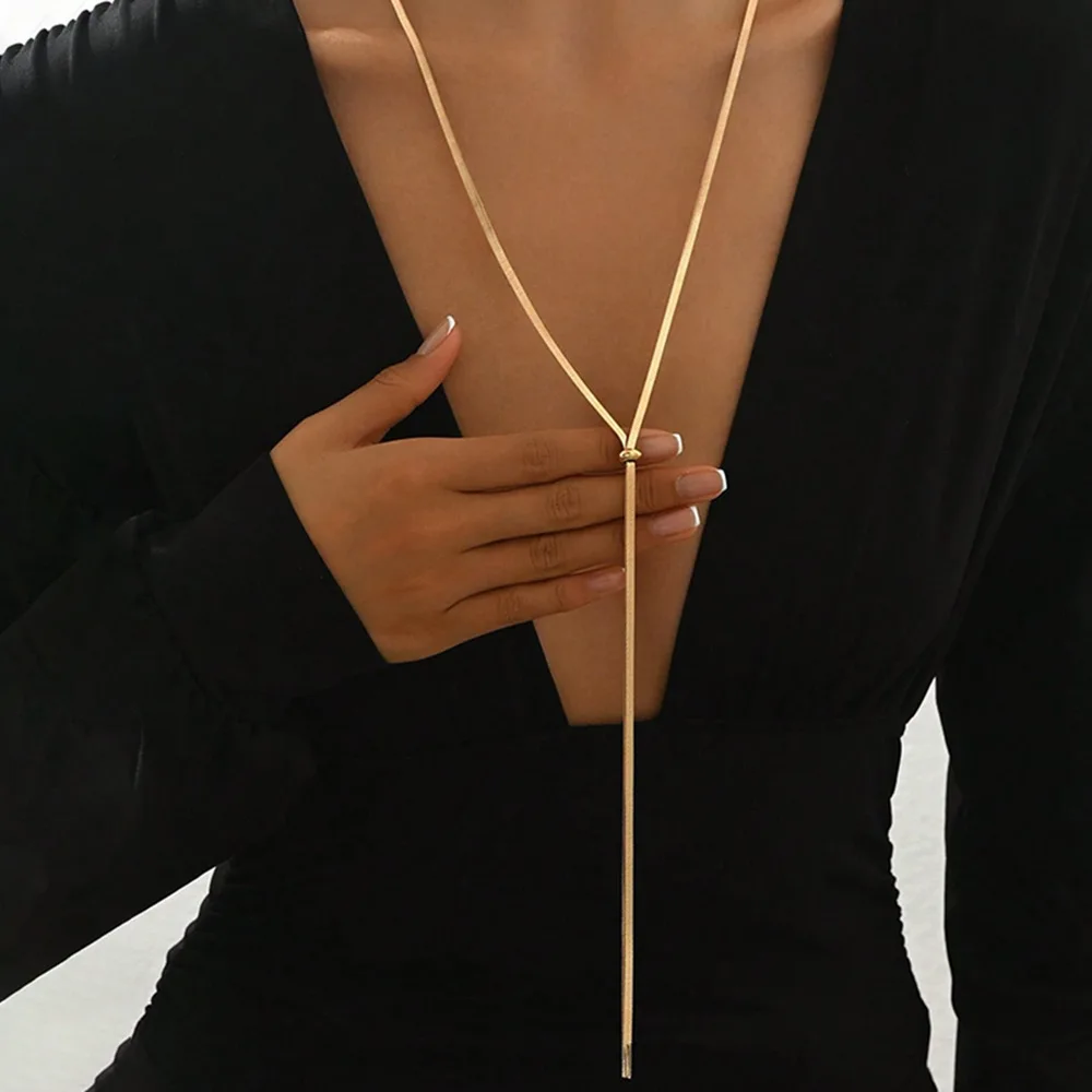 Collier Punk Long et plat en os de serpent pour femmes, chaîne en acier inoxydable, couleur or, en forme de Y, bijoux à breloques à la mode, vente en gros