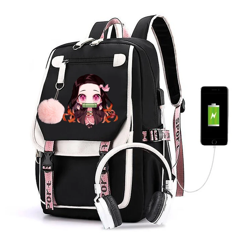 Demon Slayer Kamado Nezuko USB Backpacks College Cosplay School Bag 18inch Notebook Travel Laptop Teens Patchwork Computer Bags