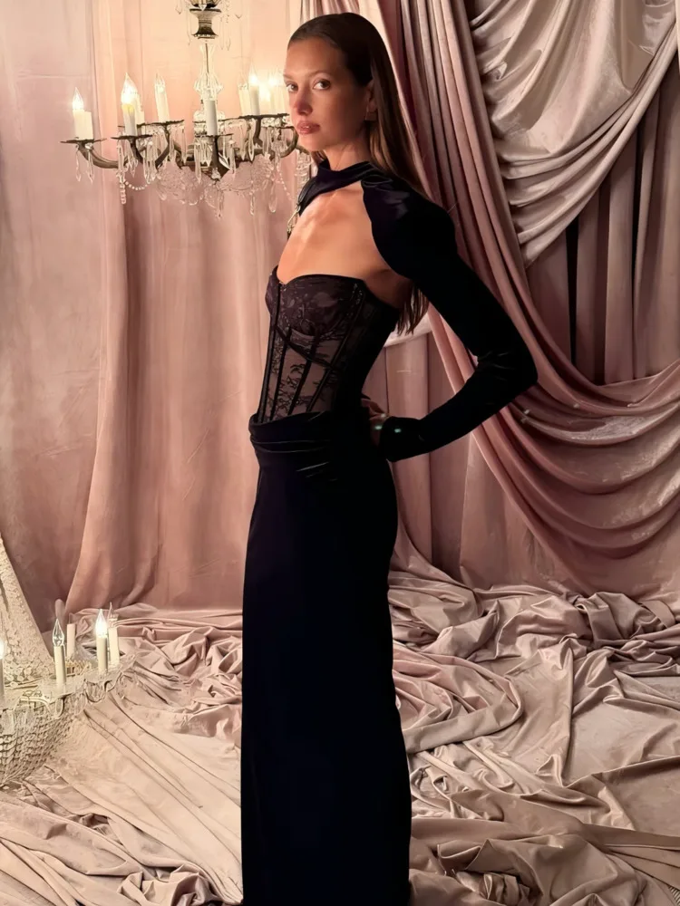 เดรสยาวลูกไม้เซ็กซี่แบบไร้สาย แบรนด์ Blifanbo ดีไซน์เว้าหลัง แขนยาว แฟชั่นสำหรับงานปาร์ตี้หรือคลับ สไตล์หรูหรา