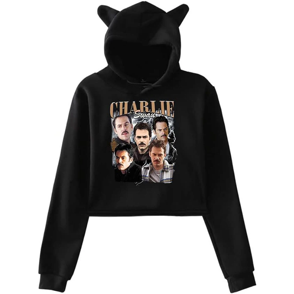 Charlie Schwan Katze Ohr Hoodie Frauen Langarm kurz geschnittene Sweatshirts weibliche lässige Streetwear Crop Tops