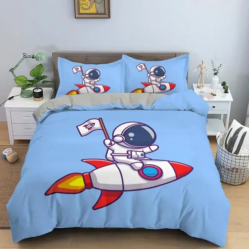 Cartoon Astronaut King Queen Duvet Cover Kawaii Spacecraft Bedding Set for Kids Outer Space Blue 2/3 Pcs Polyester Quilt Cover