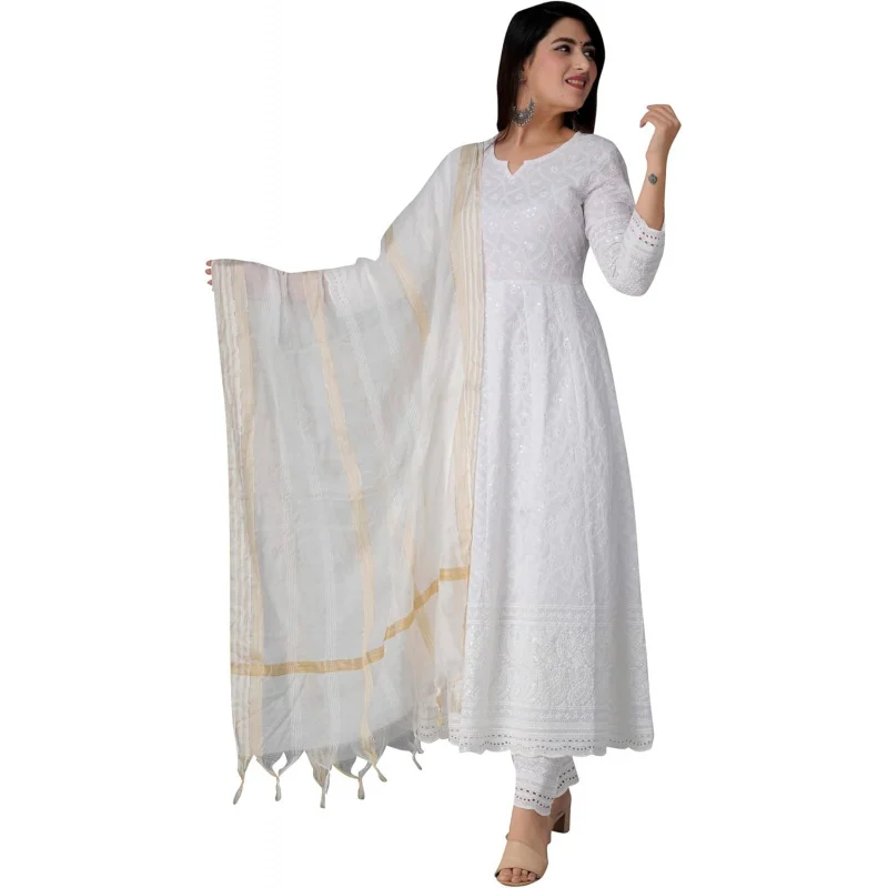 

Cotton Anarkali Indian for Women Summer Dress Kurta Pant with Dupatta Set Pakistani Kurta