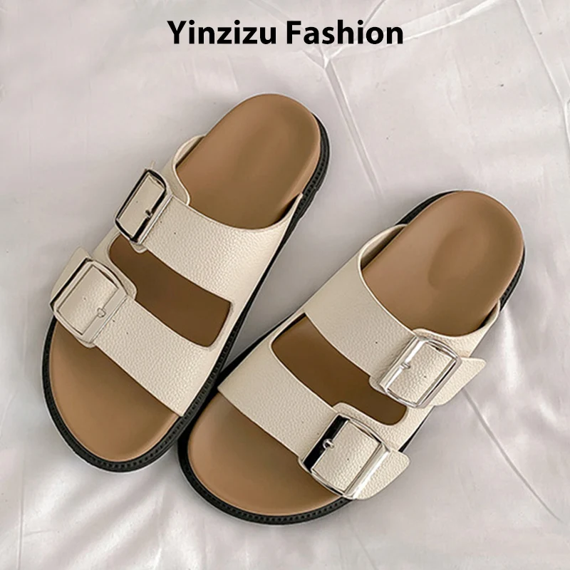 

Женские модные шлепанцы, сандалии на плоской подошве с круглым носком, тапочки на платформе с пряжкой, женская трендовая повседневная обувь, летняя уличная обувь