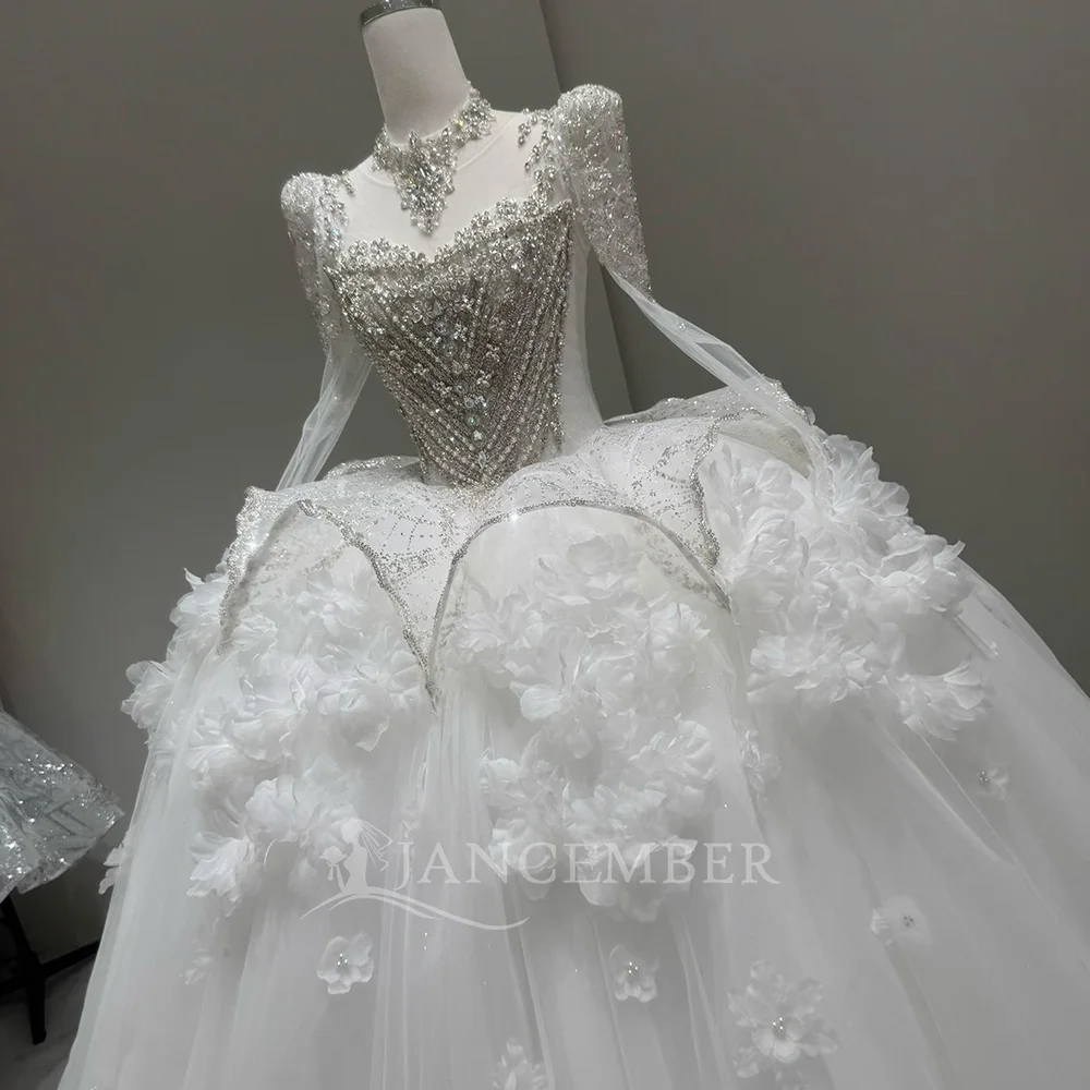 Gorgeous Ball Gown Wedding Dresses Bride Gown Customized O Neck Illusion Full Sleeves Lace Bridal Dresses vestidos de novia boda