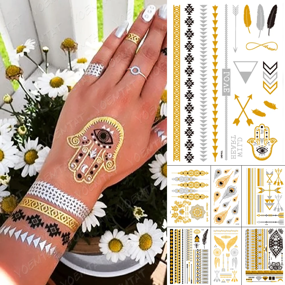 

Waterproof Temporary Tattoo Sticker Egypt Hand of Fatima Gold Metallic Flash Tatoo Boho Mandala Henna Jewelry Glitter Body Art