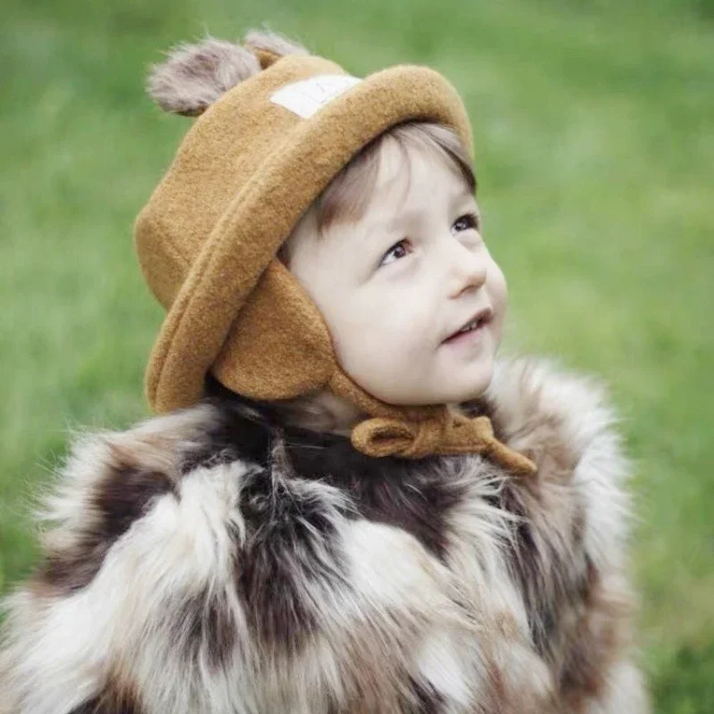 Winter Boy Girl Baby Lovely Warm Full Wool Cap  Fawn Bear's Ears Cartoon Animal Hooded Caps Child Lovely Frenulum Basin Caps