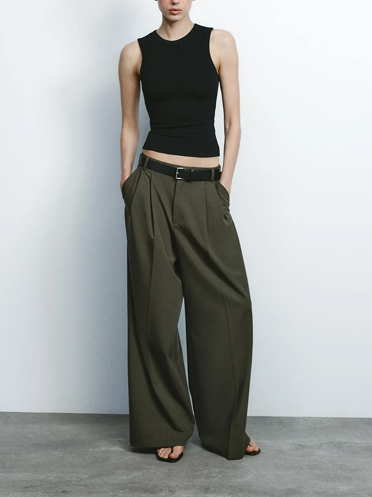 Plones de pierna recta ajustados de cintura alta para mujer, plón largo e con doble pliegue y cinturón, estilo...