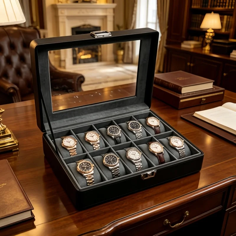 

Men's 10 Slot PU Leather Watch Box with Lock, Portable Travel Watch Organizer + 4 Automatic Closure Storage Bags 5Pcs Set