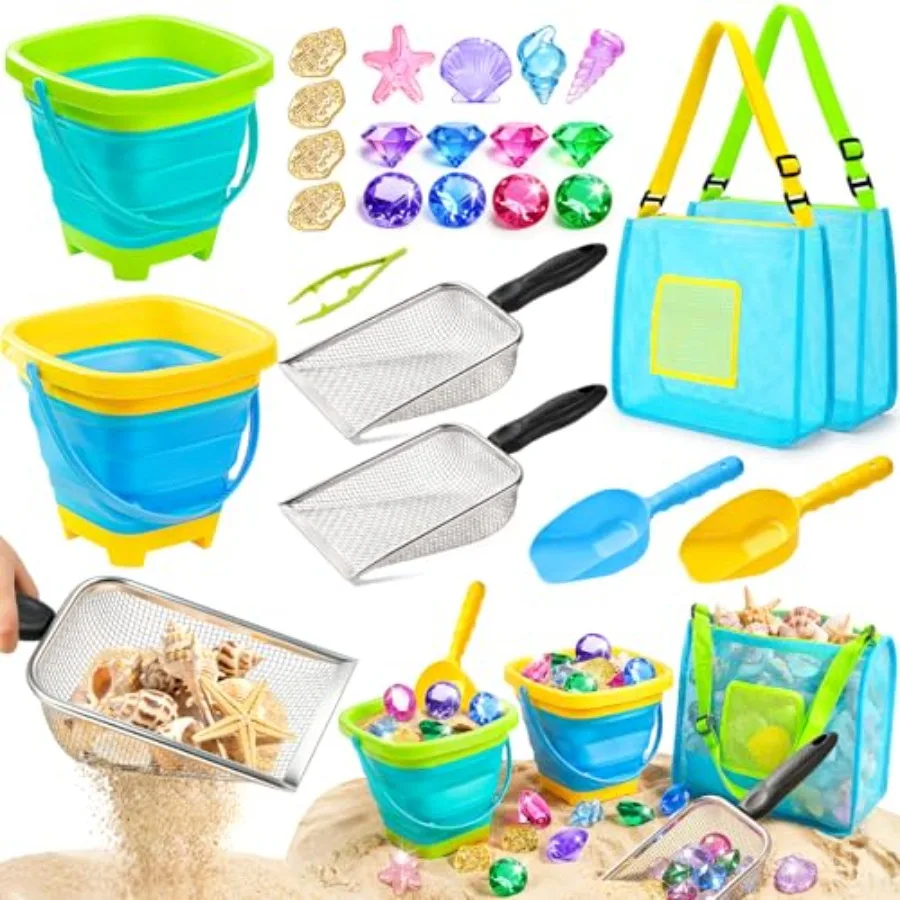 

Beach Toys for 25 Pcs Metal Sand Sifter and Collapsible Beach Buckets Set Stainless Steel Sand Shovel Sandcastle Building Kit w