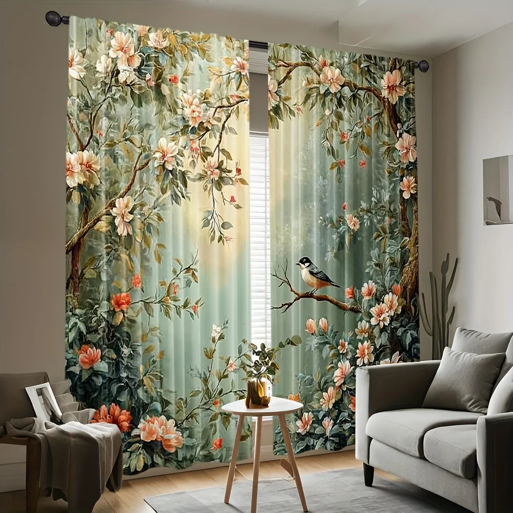 Vintage Floral Bird Rod Pocket Curtain Oil Peach Blossom Branch Bird Green Print Gentle Decor Living Bedroom Home Window