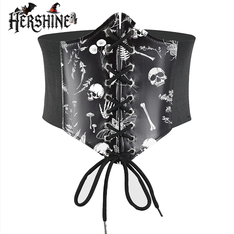 Y2K กระโหลกสีดำพิมพ์เอวฮาโลวีนสตรีแฟชั่นโกธิคดาร์กพังก์สไตล์ฮาโลวีนอุปกรณ์เสริมที่จำเป็น
