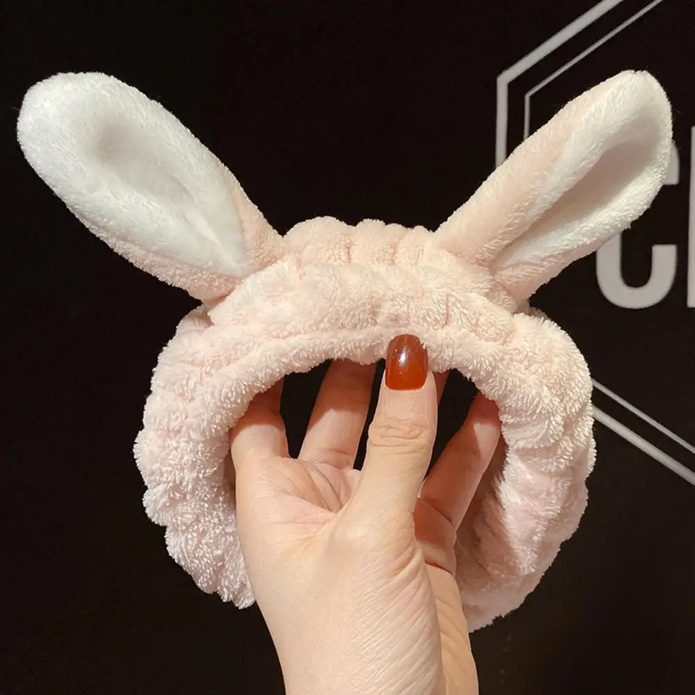 Elastic Makeup Headbands Girls Women\'s Lovely Bunny Ears Headbands Coral Fleece Washing Face Head Wraps