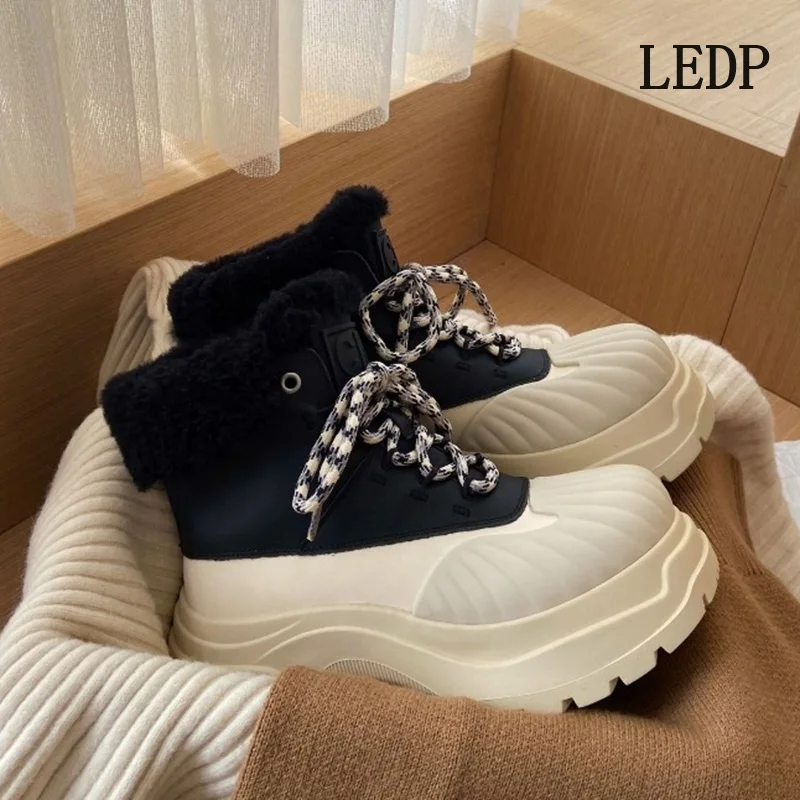 

LEDP Brand Design Sense of High Quality Muffin Bottom 2024 Autumn and Winter New Snow Ankle Boots Warm Fur One Boot Women