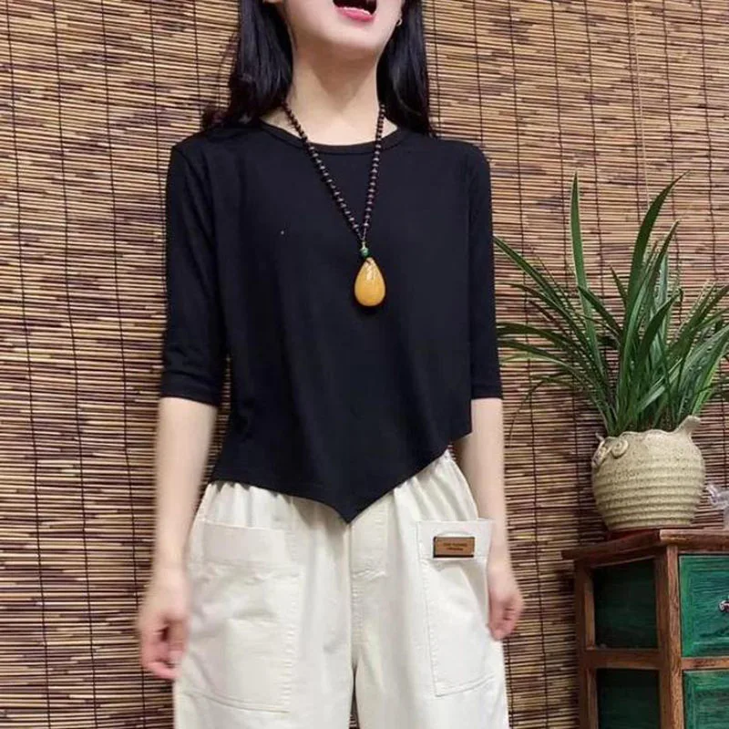 Fashion O-Neck Solid Color Asymmetrical Blouse Women\'s Clothing 2023 Summer New Oversized Casual Pullovers Loose Korean Shirt