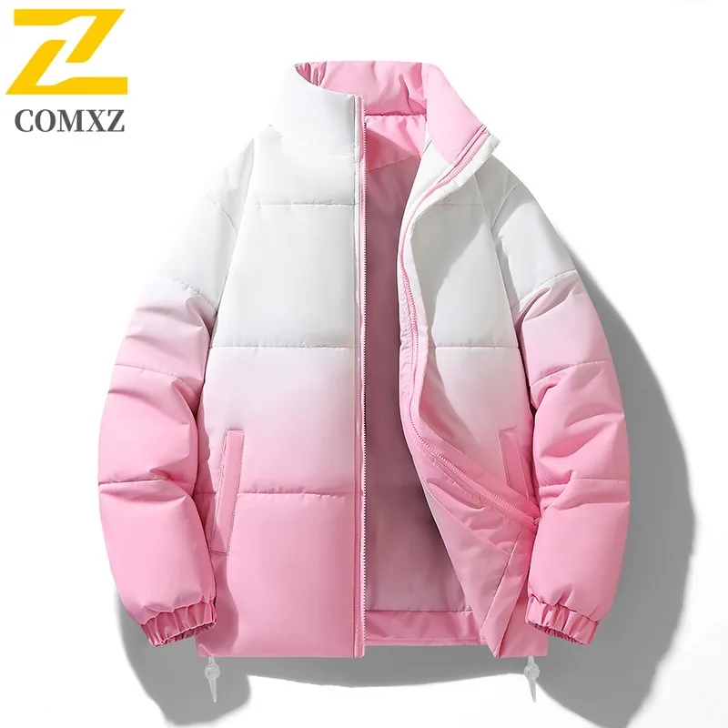 COMXZ New Winter Gradient Color Padded Thick Warm Cotton Coat Loose Unisex Stand Collar Quilted Jacket lightweight windbreaker
