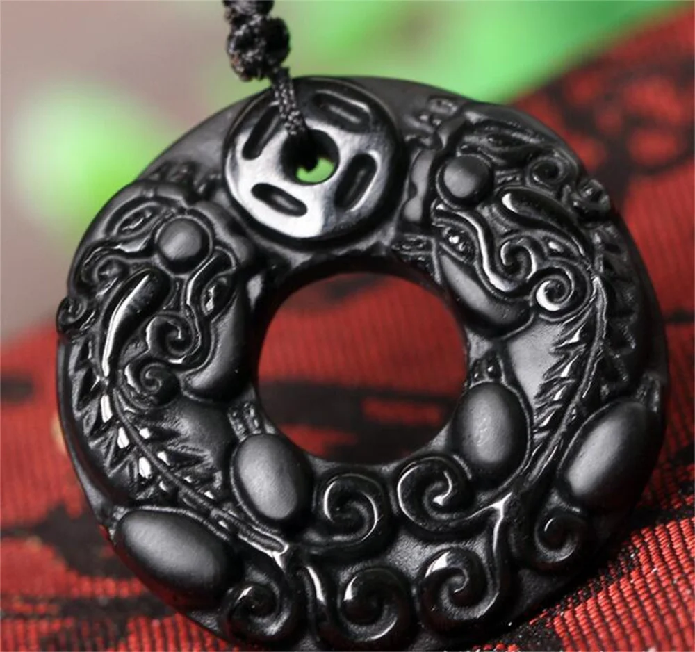 

Beautiful Handwork Natural Obsidian Carved Chinese Lucky Coin PiXiu Double Amulet Pendant + Free Necklace Fine Fashion Jewelry