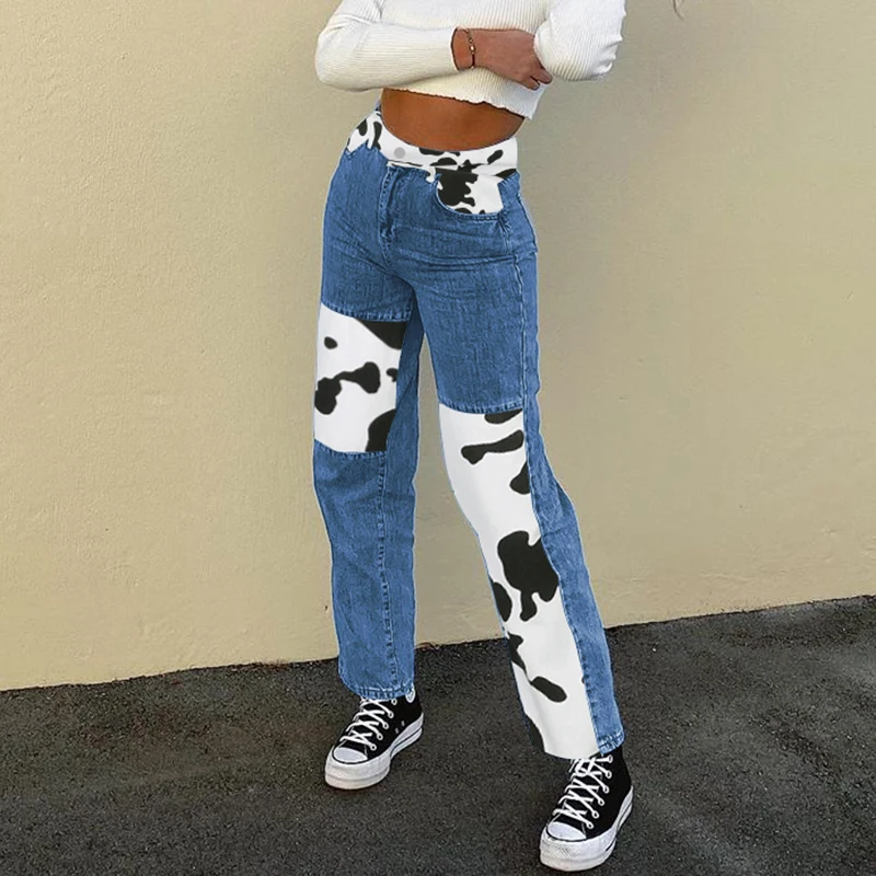 Milk Cow Print Straight Jeans For Girls Female Patched Women Vintage Denim Pants NiceHigh Waisted Trouser Vogues Streetwear