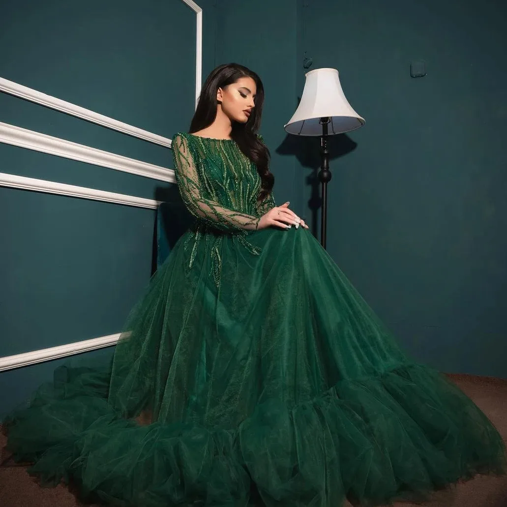 

Luxury Women Green Prom Dresses Long Sleeves Muslim Style Tulle Ball Gown Puffy Evening Gowns vestidos de gala