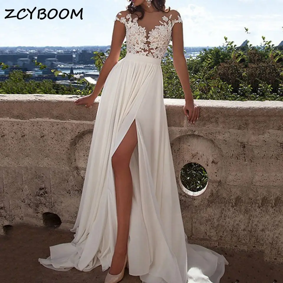 

Simple Appliques O-Neck High Slit Chiffon A-Line Wedding Dresses 2024 Buttons Sweep Train Bridal Gowns For Europe African Women