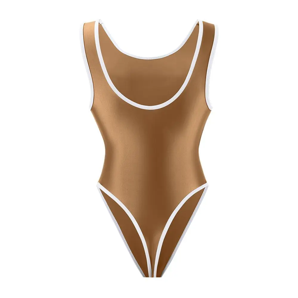 Women Oil Glossy Satin Elastic One-piece Competitive Racing Sleeveless T-shaped Swimwear High Cut Leotards Bodysuit Bathing Suit