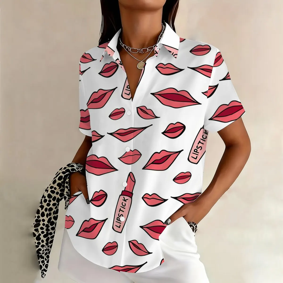 

Personalized lip print, lipstick print, lapel, short sleeved shirt, women's summer fashion, casual, loose and versatile top