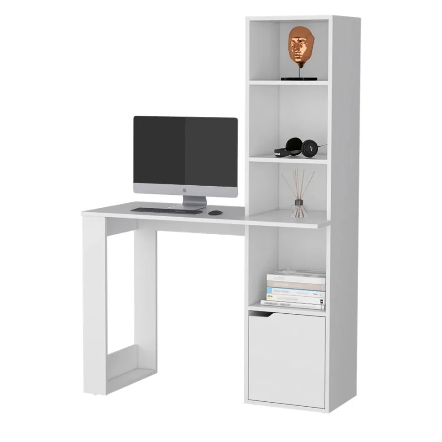 White Computer Desk 4-Tier Bookcase 1-Door Cabinet