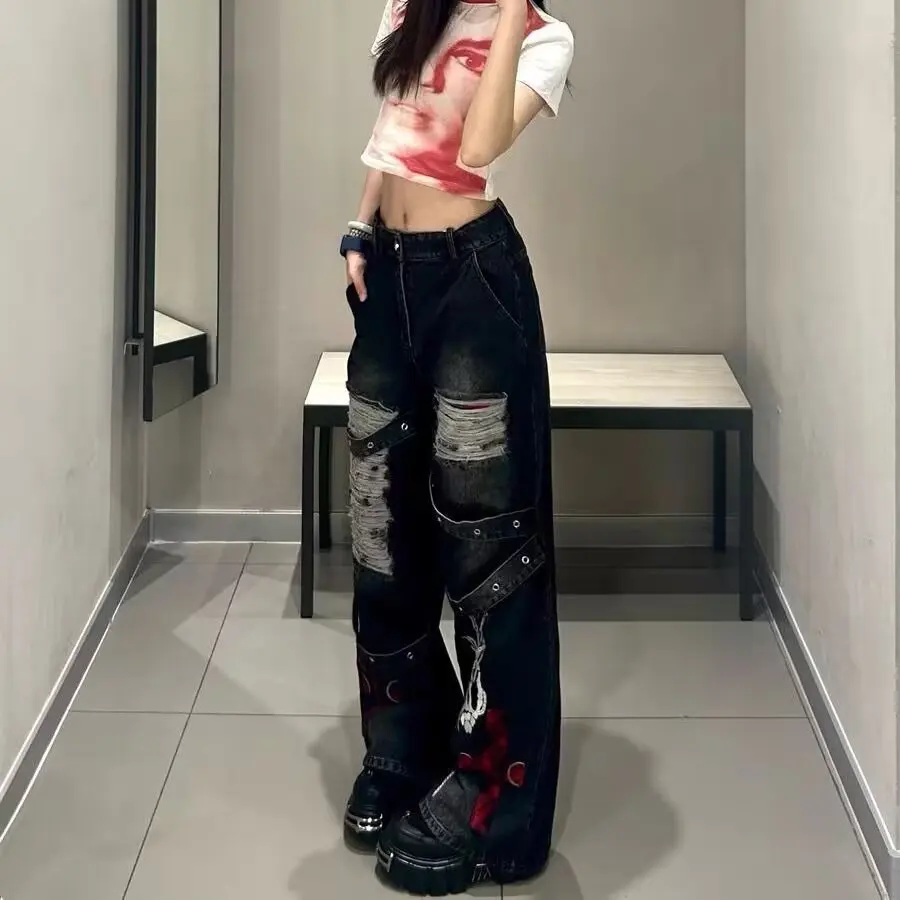 Black Ripped Wide-Leg Denim Pants for Women Fall 2025 New Arrival High-Waisted Slimming Loose Floor-Length Jeans