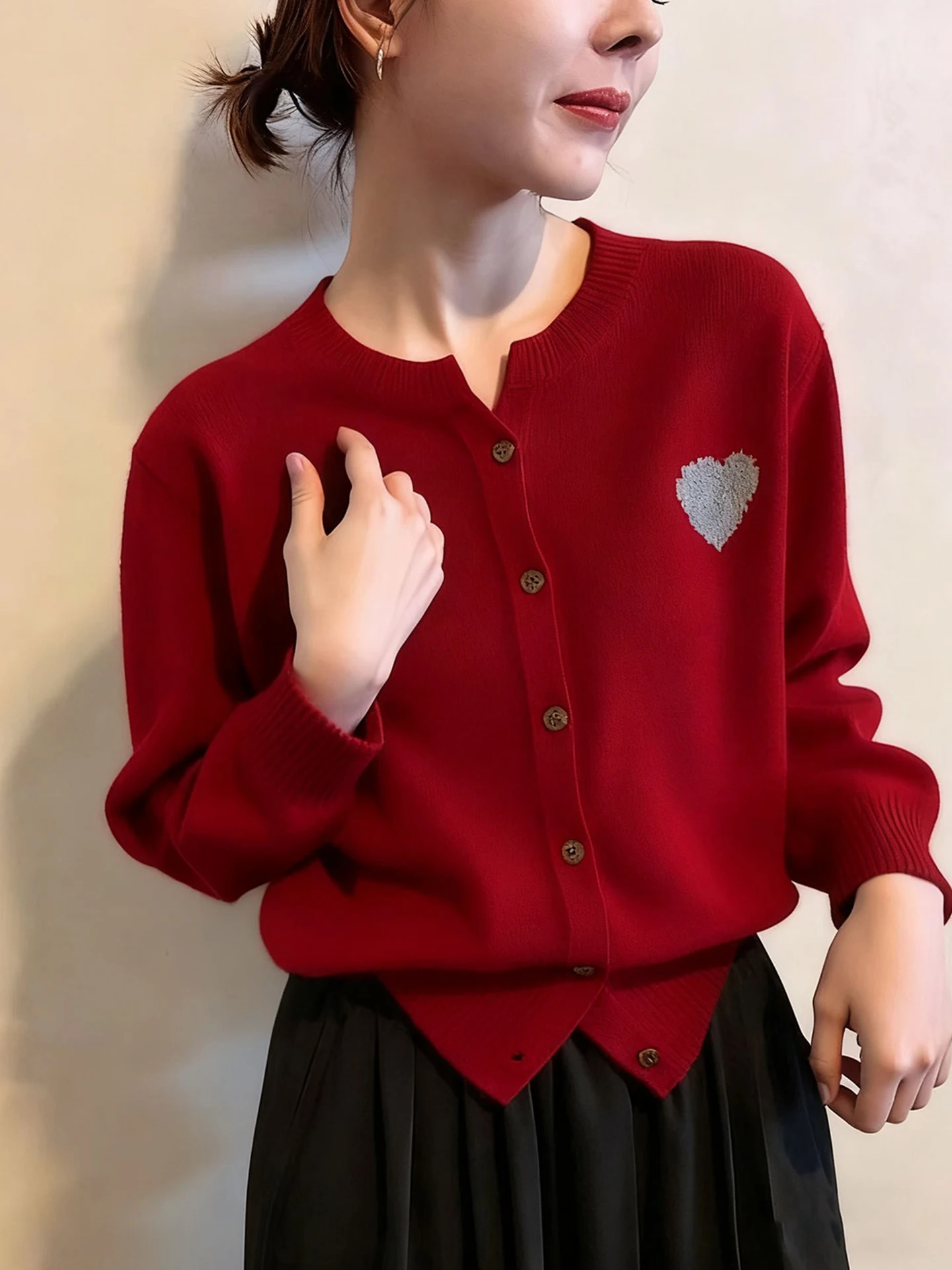 

Red Unique Knitted Camere Cardigan Single Button Design Winter Long Sve Women's Top Commute Sle Soft Korean Loose Fit