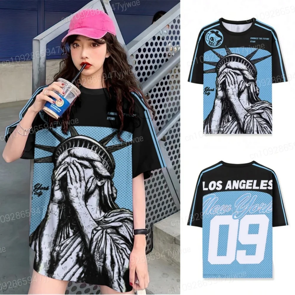 

Summer Women Statue Of Liberty Print O-Neck Short Sleeve T-Shirt Summer Graphic Tee Baseball Jerseys Stripe Oversized Sport Tops