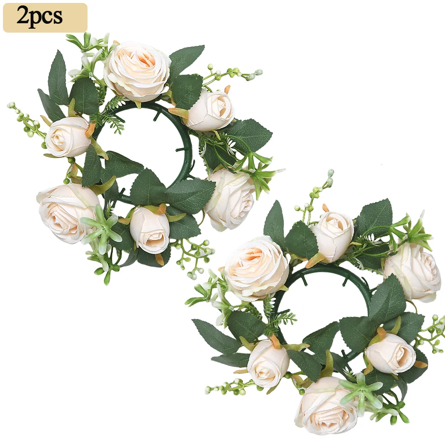 2 Pcs Candle Ring Candelabra Garland Artificial Rose Garland Christmas Decoration Props Table Wedding Home Party Centerpieces