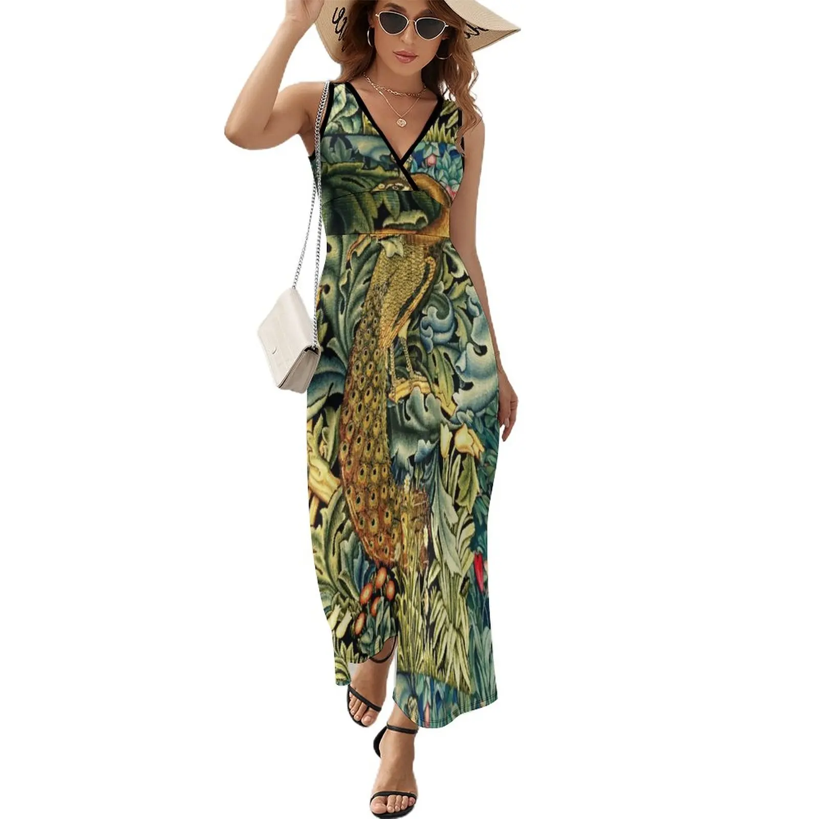 

GREENERY, FOREST ANIMALS ,PEACOCK WITH ACANTHUS LEAVES Blue Green Floral Sleeveless Dress elegant evening dresses for women 2024