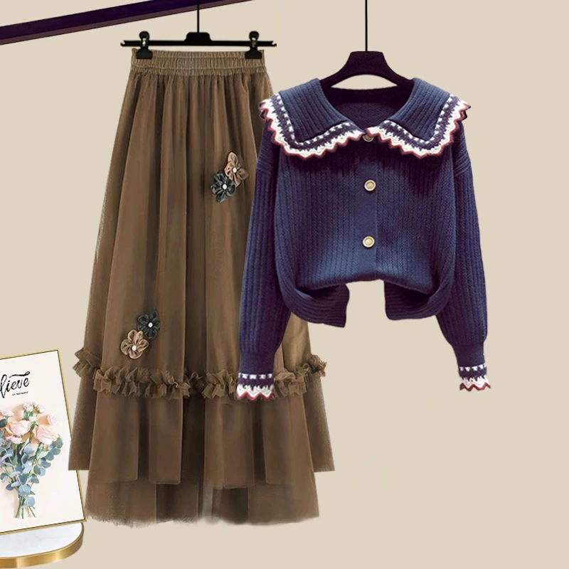 plus Size Winter Profional Outfit Women's Faion Slimming Concealing Two-Piece Set with Sweater And  Skirt