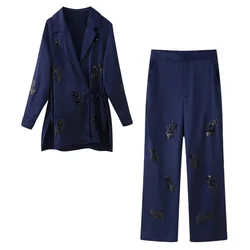 2024 Summer New Product Women's Fashion Casual Polo Collar Long sleeved Sequin Satin Kimono Coat Bead Pants Set