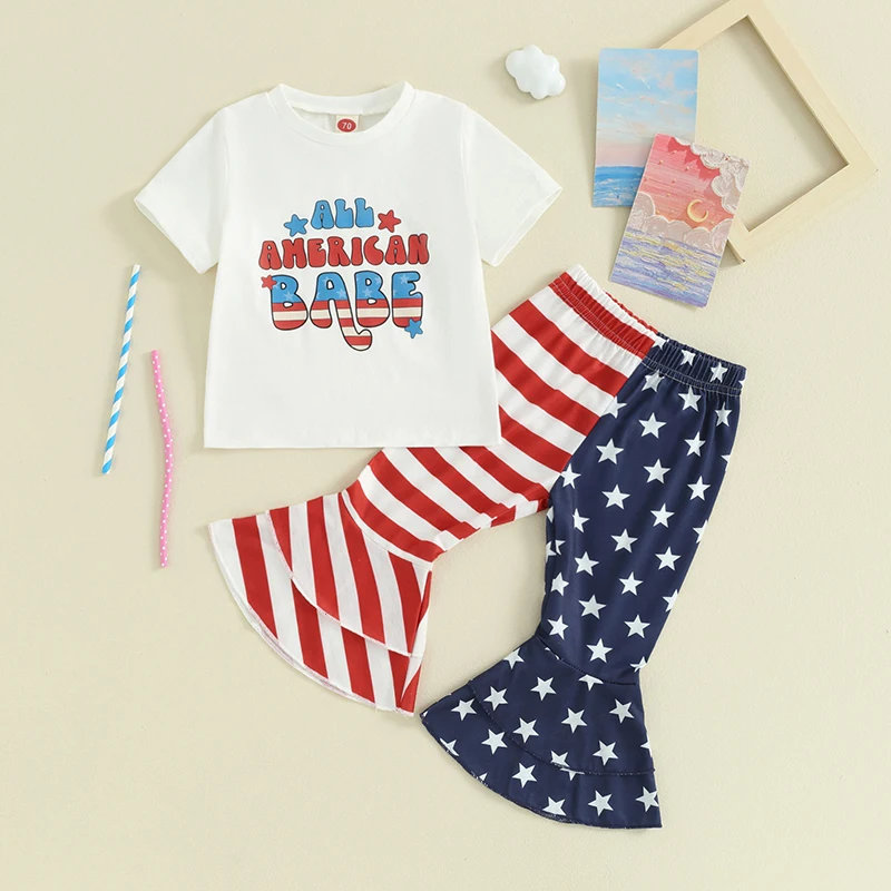 

Toddler Girl 4th of July Outfit American Babe Short Sleeve T Shirt Stars and Stripes Bell Bottoms Memorial Clothes