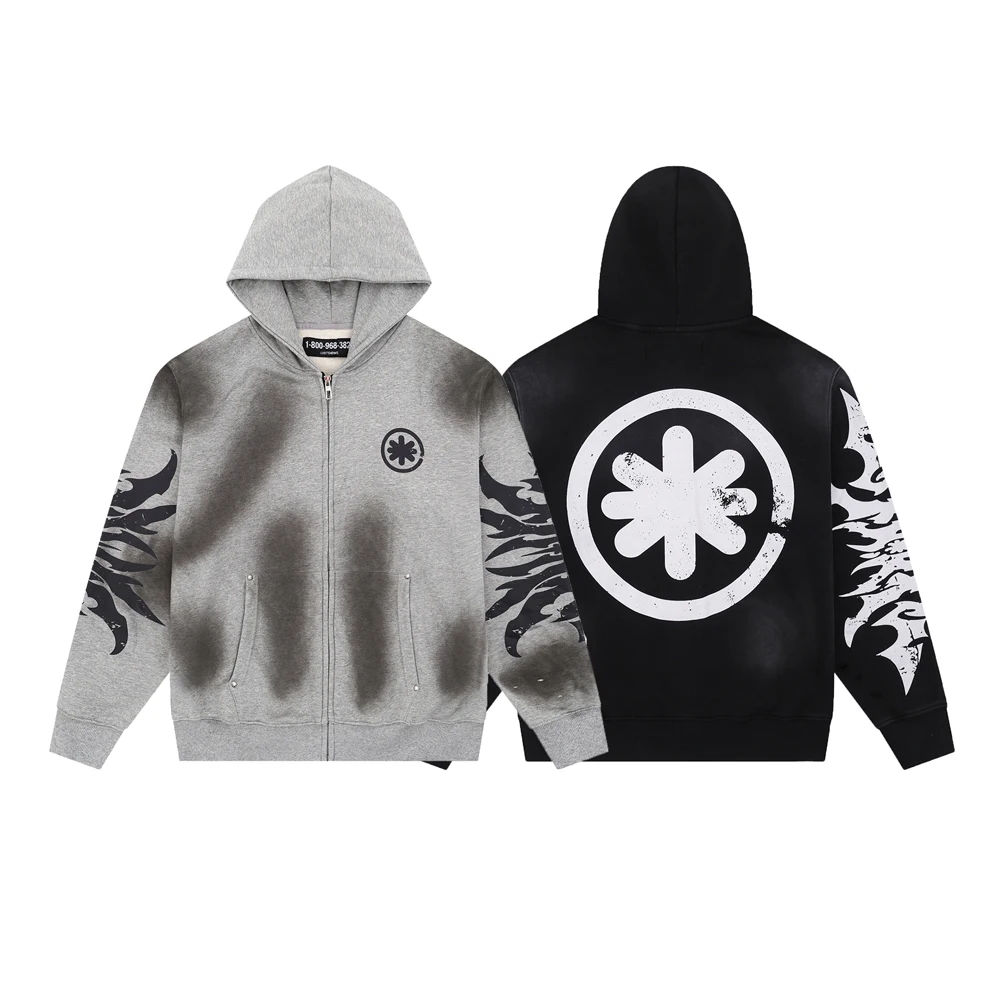 

2025ss High Quality Cotton LOSTSHDWS Washed Hole Zipper Cardigan Men Women Black White LOST SHDWS Printed Hooded