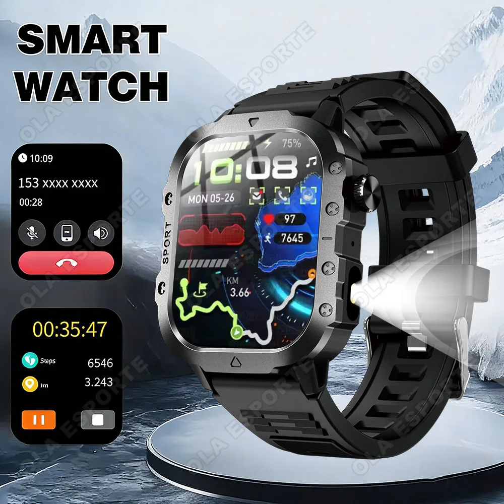 

2025Новые Смарт-часы в стиле милитари, уличный фонарик, умные часы для мужчин, 5 атм, водонепроницаемые, несколько спортивных режимов, Bluetooth-вызов, фитнес-часы