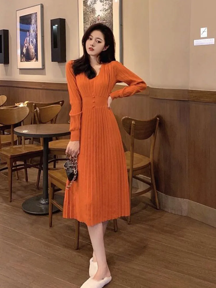 Jmprs Elegant Knitted Long Dress Women Fashion Slim Sweet Long Sleeve Dress Korean V Neck Simple Solid Casual Lady A Line Dress