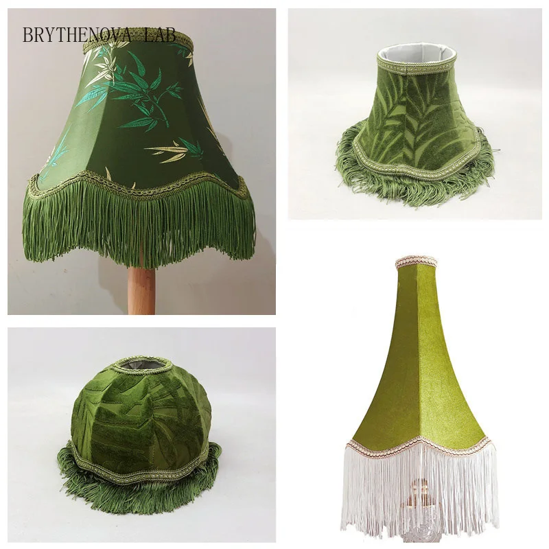 Vintage European Lampshade Green Satin Fabric Lamp Shade Handmade Light Tassel Shade for Table Lamp Floor Light Home Decor