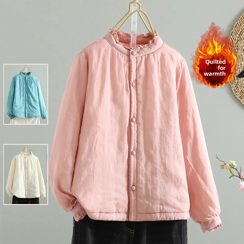 

Autumn Winter Lightweight Cotton Jaet Women's Loose Lace Collar Long Sve Warm Cotton Clothes Pure Color Artistic Sle