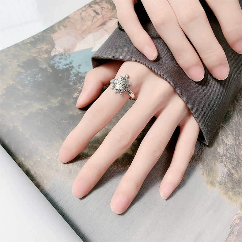 Sole Memory Vintage Cute Mini Turtle 925 Sterling Silver Resizable Opening Ring For Women Jewelry RI1277