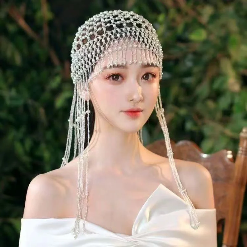 Vintage Handmade Beaded Pearl Tassel Hair Accessory for Women Children Wedding Cosplay Photography Portrait Shoots