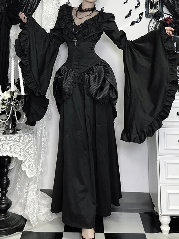 تنورة قصيرة واسعة بخصر مرتفع على الطراز القوطي مع بلوزة لوليتا، طقم من قطعتين، زي هالوين، ملابس نسائية عصرية غير رسمية