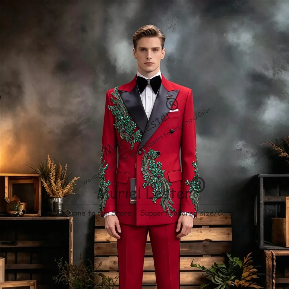 Luxury Men Suit For Wedding Sparkly Green Crystals Beaded Appliques Prom Blazer Pants 2 Pieces Sets Costumes Hommes Groom Tuxedo
