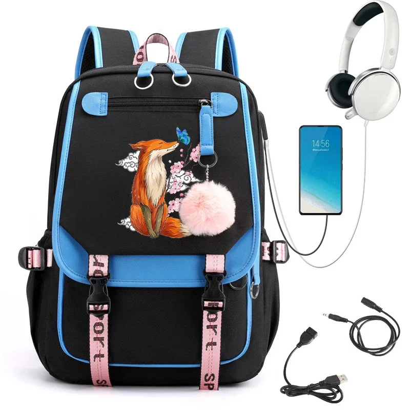 Fox Anime Backpack Bag Girls School Bag Bagpack Teenager USB Port Backpack Kawaii Back Pack Laptop Travel Backpacks Mochila