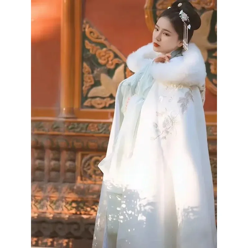 

Плащ ханьфу, женский традиционный китайский 2023, зимний теплый белый плащ ханьфу с капюшоном, накидка, женский карнавальный костюм на Хэллоуин