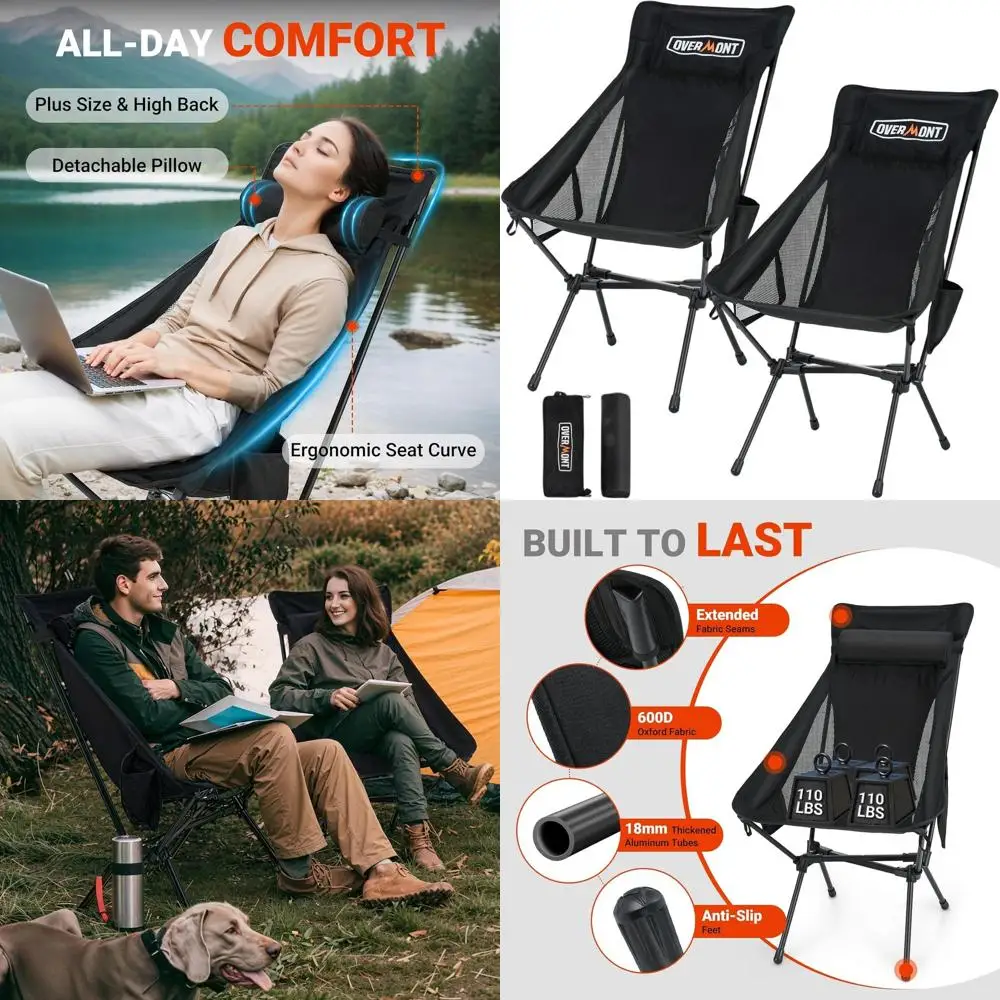 

Oversized Camping Chair for Adults - 400lbs Support Heavy-Duty Padded Seat Outdoor Portable Folding Chair with Cooling Bag Cup H