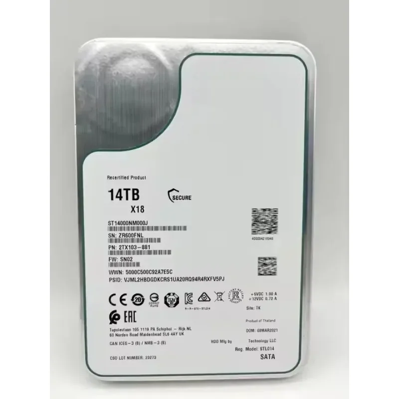ฮาร์ดไดรฟ์ 2 ชิ้น รุ่น St14000Nm000J X18 Enterprise ความจุ 14TB ขนาด 3.5 นิ้ว 6Gb/S Serial Ata (Sata) Hot-Plug 7.K 56Mb Cache 51E/4Kn Format