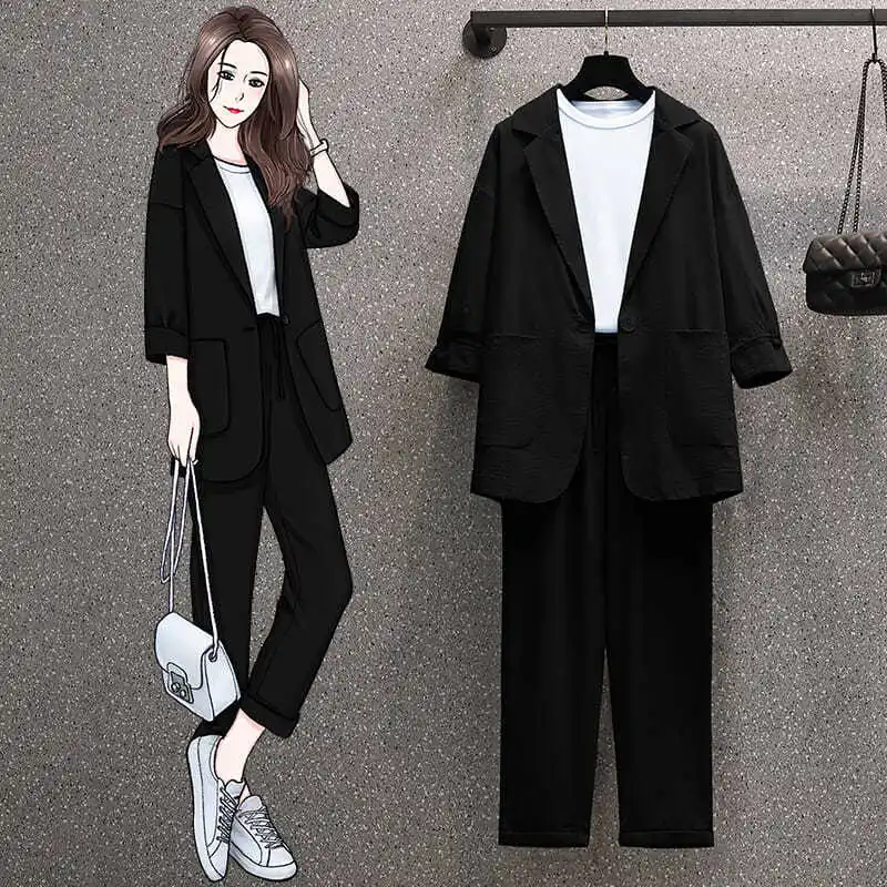 Large Cotton Hemp Casual Suit Jacket Elegant Women 2022 New Korean Pure Color Fashion Suit Two-piece Set Suits 2 Elegant Pieces