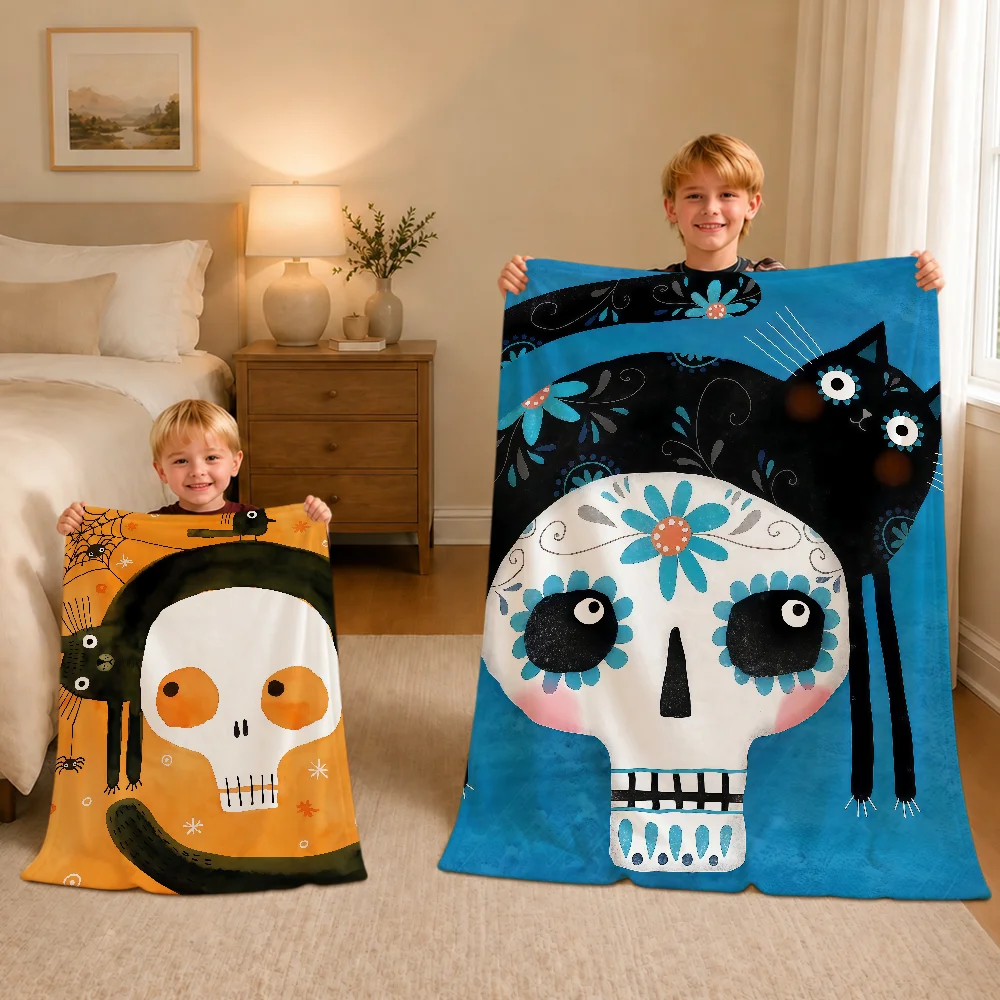 Halloween Pumpkin Art Cat Skull Warm Soft Plush Blanket For Sofa Living Room Nap Home Bedroom Travel Gift Flannel Pet Hogar